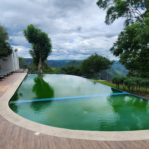 Alberca infinity con agua verde antes del servicio