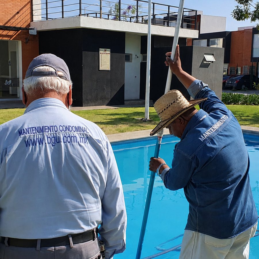 Personal de BGU dando mantenimiento a la alberca de un condominio