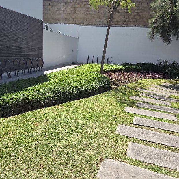 Andadores y jardines de un condominio en mantenimiento