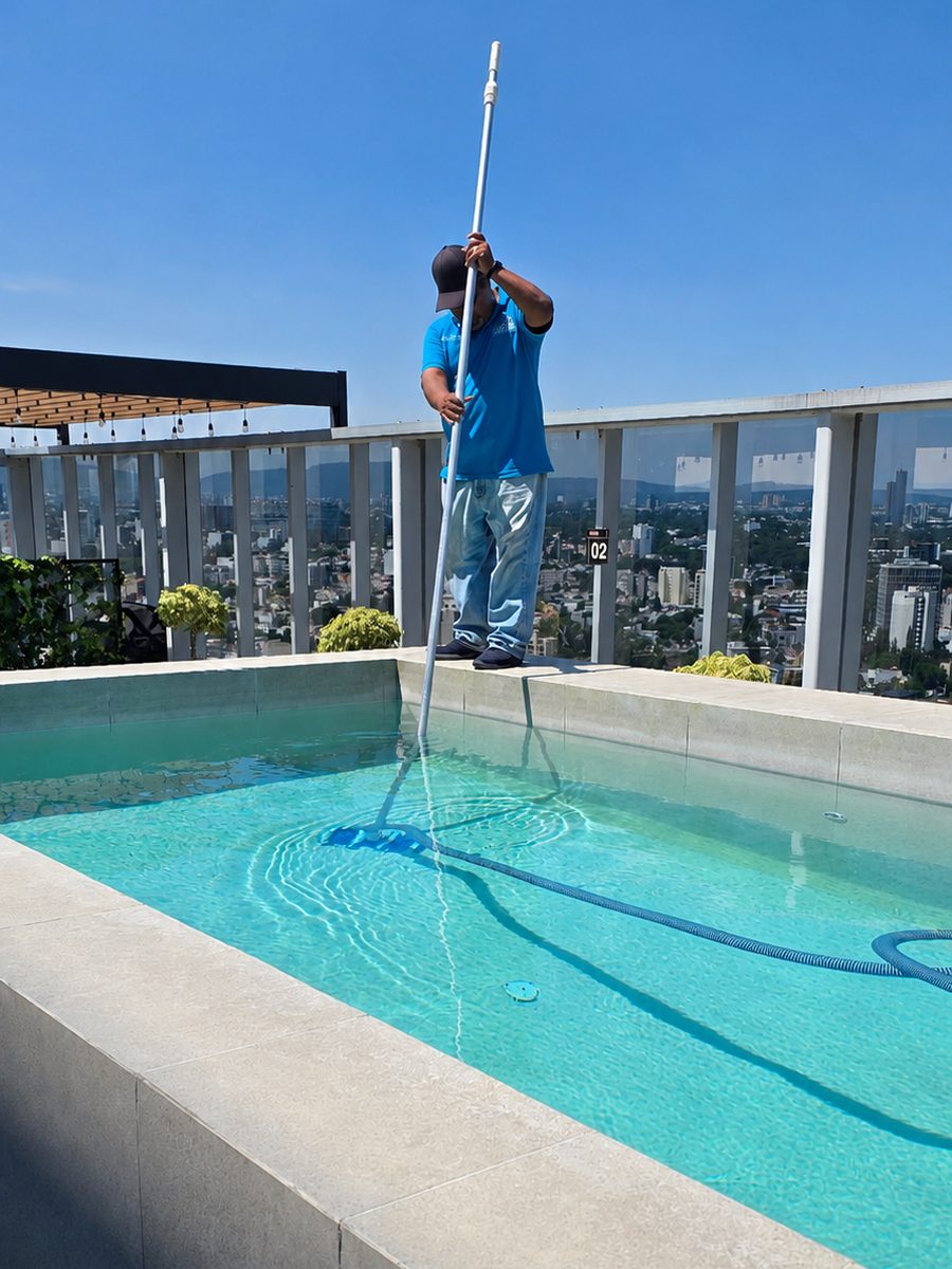 Técnico de BGU dando mantenimiento a la alberca de un condominio